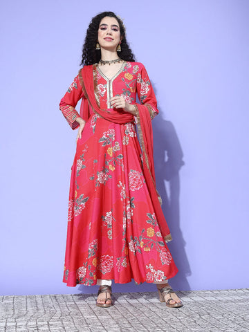 Pink Floral Printed V-Neck, Anarkali Kurta Paired With Tonal Chiffon Dupatta